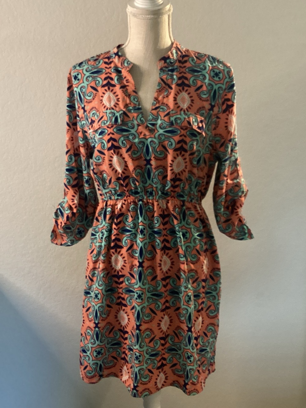 Justify Coral Paisley Long Sleeve Elastic Waist Dress with Teal Accents